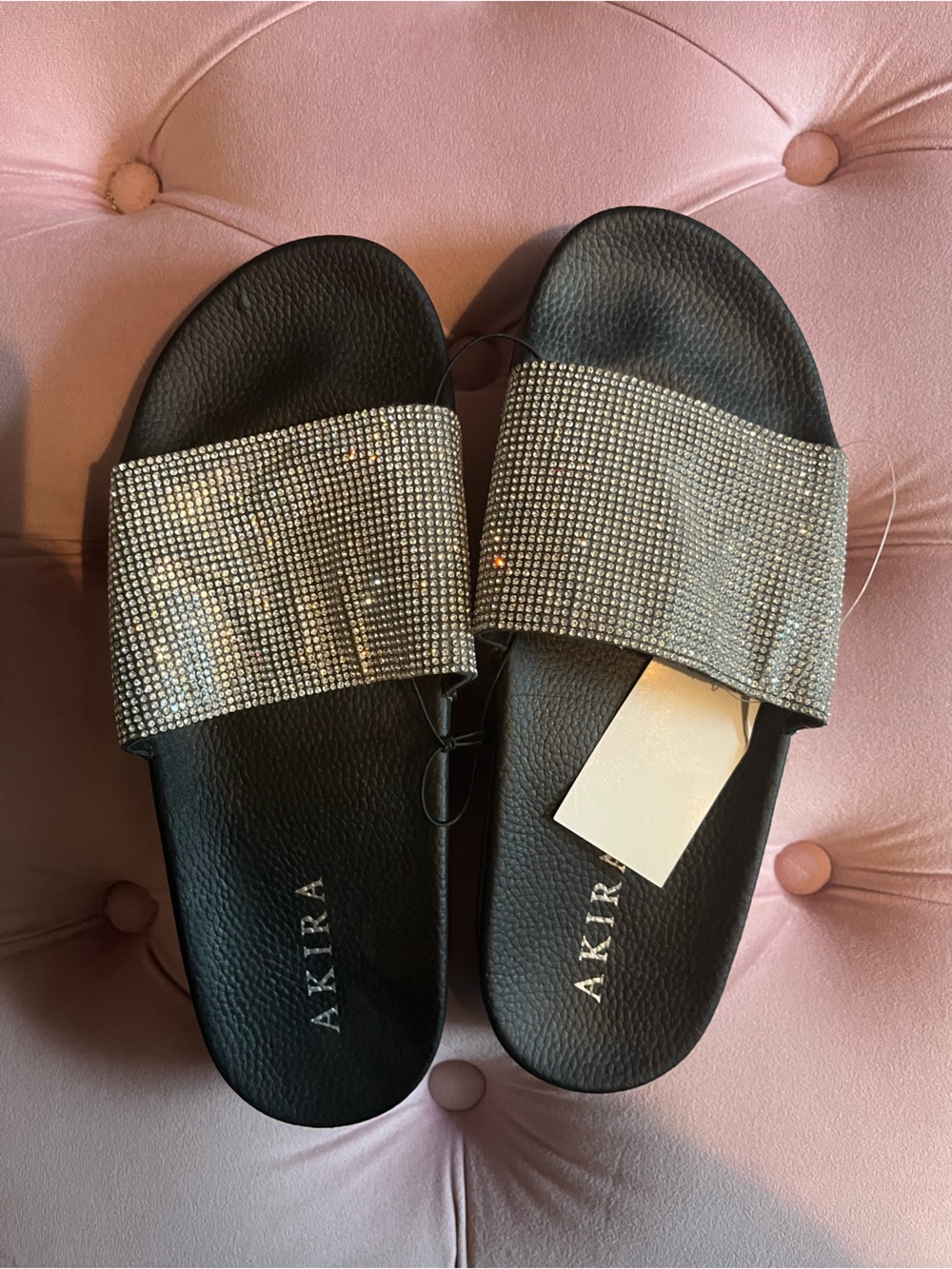 Akira Women's Black Slide Sandals with Rhinestones
